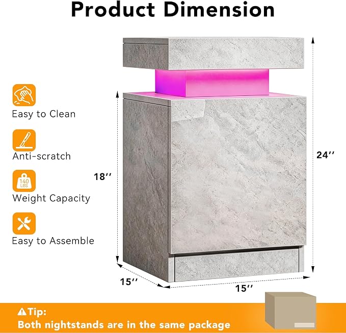 MXV Nightstand Set of 2 with LED Lights,Night Stand with Storage Cabinet for Bedroom,Bedside Table with LED (Grey, 15" D x 15" W x 24" H)
