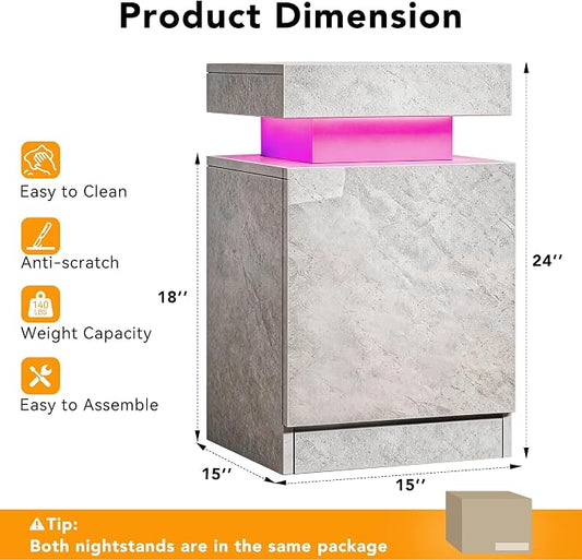 MXV Nightstand Set of 2 with LED Lights,Night Stand with Storage Cabinet for Bedroom,Bedside Table with LED (Grey, 15" D x 15" W x 24" H)