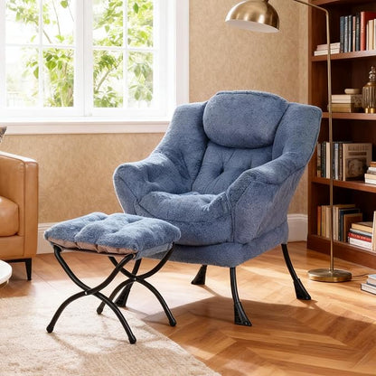 Lazy Chair with Ottoman, Modern Accent Chair Contemporary Lounge Leisure Sofa Chair with Armrests, Reading Chair and Folding Footstool Set for Living Room, Bedroom, Office, Velvet Black