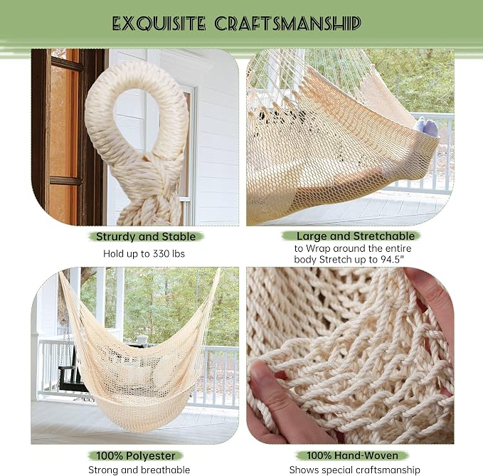 Large Hammock Chair with Hanging Hardware, Caribbean Hammock Hanging Rope Swing Chair No Spreader Bar, XL Hammock Chair Outdoor, Indoor, Bedroom, 330 LBS Weight Capacity, Beige