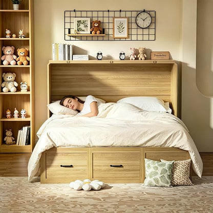 Murphy Bed Full Size with Storage and Charging Station, Farmhouse Wall Bed Cabinet Foldable Wooden Frame for Guest Room - Natural