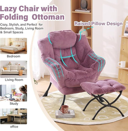 Furlide Lazy Chair with Ottoman, Modern Accent Chair with Armrests and a Side Pocket, Plush Purple Accent Chairs, Reading Chairs, Oversized Armchairs for Bedroom, Study, Living Room, Courtyard