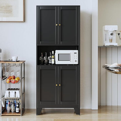 69" Tall Metal Pantry Cabinet with Microwave Stand,Microwave Storage Cabinet with 4 Doors & 3 Adjustable Shelves for Kitchen (4doors-Black, 13.78" D x 27.54" W x 68.9" H)