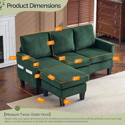 VINGLI 68.5' L Shaped Couch with Movable Storage Ottoman, Convertible Sectional Sofa in Soft Corduroy Fabric, Modern Reversible Chaise Couch for Small Spaces, Apartment, Living Room，Dark Green