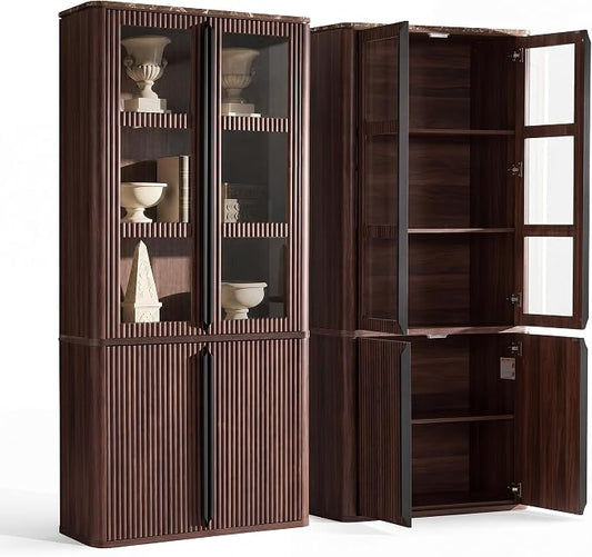 77" Tall Storage Cabinet - Fluted Pantry Cabinets with Glass Doors, Wooden Kitchen Food Cupboard, Adjustable Shelves, Modern Display Storage Closet for Living Room, Dining Room, Office, Brown 1pc