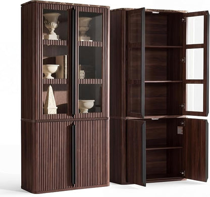 77" Tall Storage Cabinet - Fluted Pantry Cabinets with Glass Doors, Wooden Kitchen Food Cupboard, Adjustable Shelves, Modern Display Storage Closet for Living Room, Dining Room, Office, Brown 2pcs