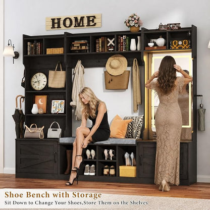 chartustriable 71''H 86.6''W Large LED Farmhouse Hall Tree with Bench and Shoe Storage,Entryway Bench with Coat Rack,12 Shoe Cubbies & Umbrella Holder,Mudroom/Hallway Storages Cabinet(Black)
