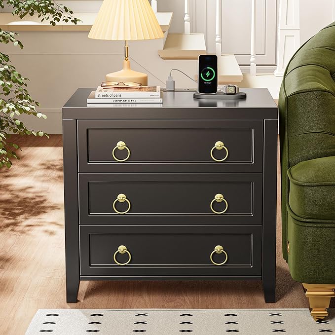 Huuger 23.6 Inch Night Stand with Charger Station and USB-C Port, 3 Drawer Nightstand, Larger Wider Bedside Table, Modern Side End Table, for Bedroom, Black Nightstand