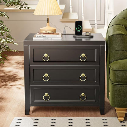 Huuger 23.6 Inch Night Stand with Charger Station and USB-C Port, 3 Drawer Nightstand, Larger Wider Bedside Table, Modern Side End Table, for Bedroom, Black Nightstand