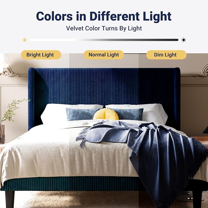 Allewie Queen Size Bed Frame with Upholstered Wingback Headboard, Vertical Channel Tufted Corduroy Velvet Platform Bed, Strong Wooden Slats Support, No Box Spring Needed, Easy Assembly, Dark Blue