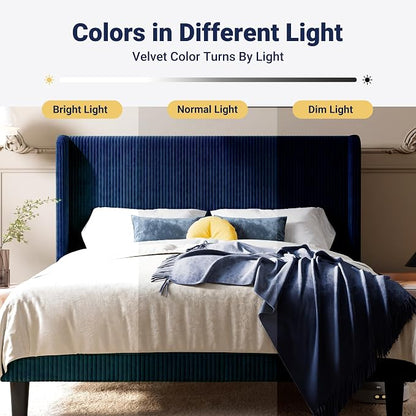 Allewie Queen Size Bed Frame with Upholstered Wingback Headboard, Vertical Channel Tufted Corduroy Velvet Platform Bed, Strong Wooden Slats Support, No Box Spring Needed, Easy Assembly, Dark Blue