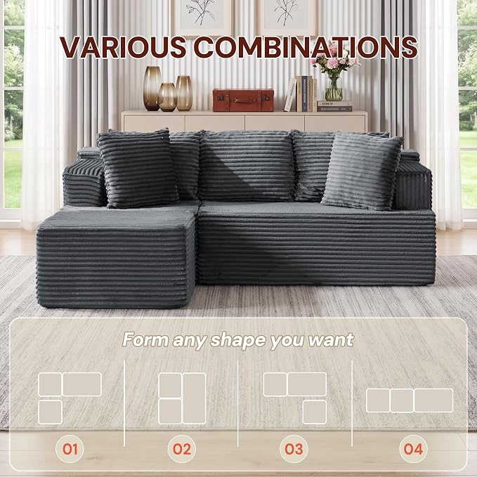 Korser Boneless Couches for Living Room, Cloud Couch Sectional with Ottoman, L-Shaped Sofa with Fluffy Comfy Corduroy Deep Seat, Bedroom, Apartment, No Assembly Required