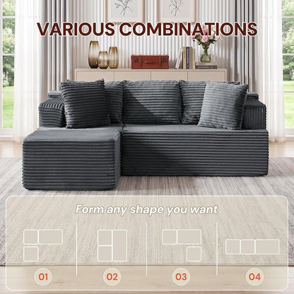 Korser Boneless Couches for Living Room, Cloud Couch Sectional with Ottoman, L-Shaped Sofa with Fluffy Comfy Corduroy Deep Seat, Bedroom, Apartment, No Assembly Required