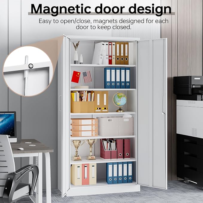 72"H Metal Storage Cabinets, Tall Locking Garage Cabinet with 2 Doors and 5 Adjustable Shelves, Steel Utility Tool Caninet, White Lockable Outdoor Storage Cabnet for Pantry, Garage, Home Office