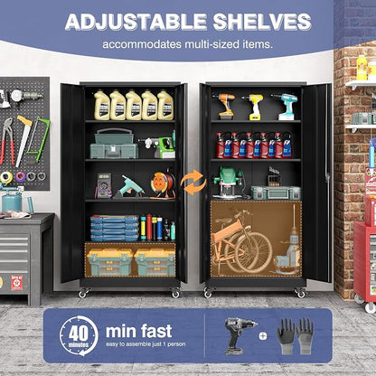 Metal Garage Cabinet with Wheels, 74.5" Tall Lockable Storage Cabinet with 4 Adjustable Shelves and 2 Doors, Tool Cabinet for Garage Home Office,Gym,School(Black)