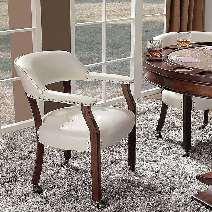 LEEMTORIG Set of 4 Large Dining Chairs with Casters and Arms, Rolling Dining Chairs with Wheels, Poker Chairs, Solid Wood Boss Caption's Chairs, 26"D x 25.2"W x 31.5"H, Cherry Legs & Ivory, SY-1533-WT