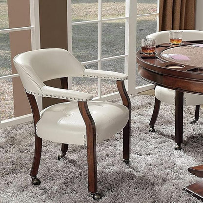 LEEMTORIG Set of 4 Large Dining Chairs with Casters and Arms, Rolling Dining Chairs with Wheels, Poker Chairs, Solid Wood Boss Caption's Chairs, 26"D x 25.2"W x 31.5"H, Cherry Legs & Ivory, SY-1533-WT