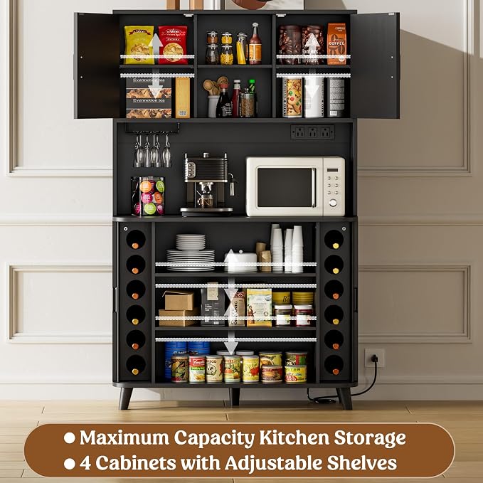 Lulive 71" Tall Pantry Cabinet with Rolling & Sliding Doors, 39" Wide Kitchen Storage Cabinet with Charging Station and Open Countertop, Modern Kitchen Pantry Cabinet for Dining Room, Black