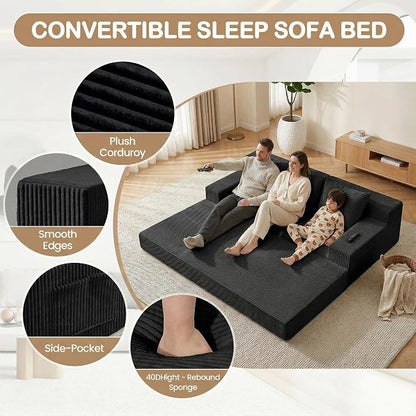 78.5” Convertible Sofa Bed,Corduroy 3 Seater Boneless Couch Bed Futon,Fold Out Couch with 3 Pillows,Loveseat Sleeper with Pull Out Bed for Living Room, Guest,Bedroom,Black