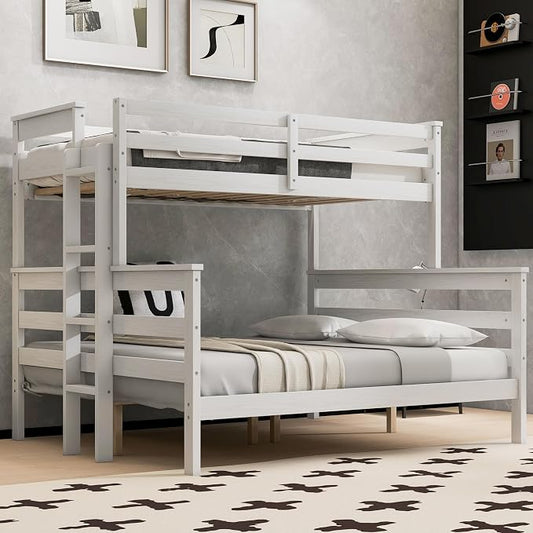 Wood Bunk Bed Twin XL Over Queen Size, Detachable Design Bunk Bed Frame with Safety Guardrail, Ladder and Sturdy Slats Support (White-4.21)
