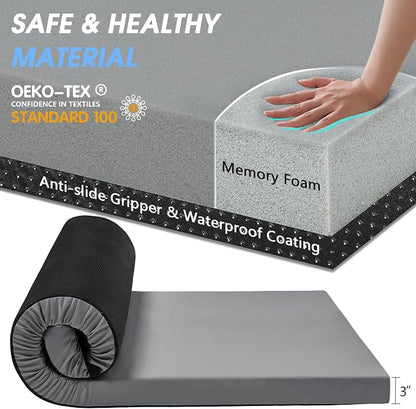 CYMULA 3 Inch Memory Foam Camping Pad, Camping Essentials Roll Up Floor Mat for Car Camping, Cot, Tent, Truck, Travel and Guest Use, Non-Slip Waterproof Bottom, Removable Cover