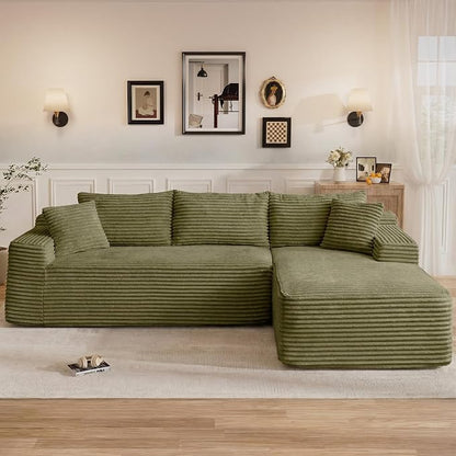 95" L Shaped Cloud Boneless Sectional Couches for Living Room, Modern Comfy Modular Deep Seat Memory Foam Compressed Corduroy Sofa Oversized Right Facing Chaise, No Assembly Required, Green
