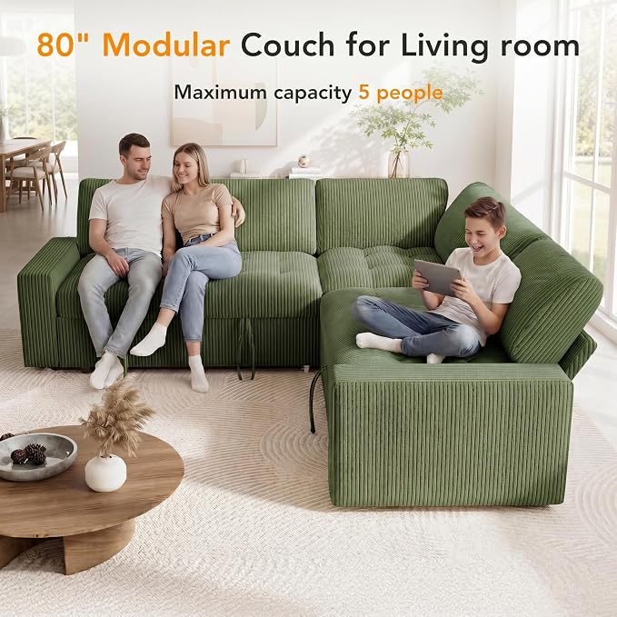 Sunny Heart Modular Sectional Sleeper Sofa with Pull Out Bed, Corduroy L Shaped Sectional Sofa with USB Ports/Adjustable Backrest/Storage Seats, Tool-Free Assembly, Couches for Living Room Green
