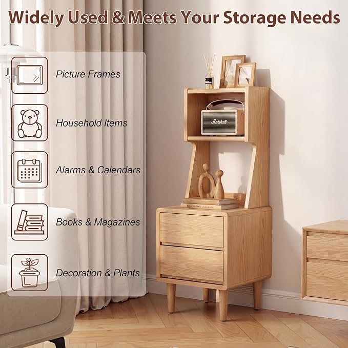 Solid Wood Bookshelf with Drawers,Narrow bookcase with Storage Shelves,Tall Nightstand with Drawers,Mid Century Modern Nightstand,Open Shelf Bookcase,Small Book Shelf for Bedroom,Living Room,Offices
