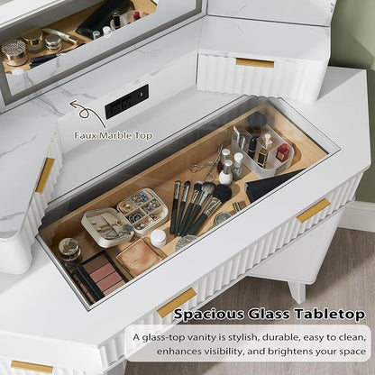 T4TREAM Fluted Makeup Vanity Desk with 3 Way Mirror and Lights, 48" Large Corner Vanity Table with Glass Top, Charging Station, 3 Drawers, Storage Cabinets & Shelves, for Bedroom, Solid White