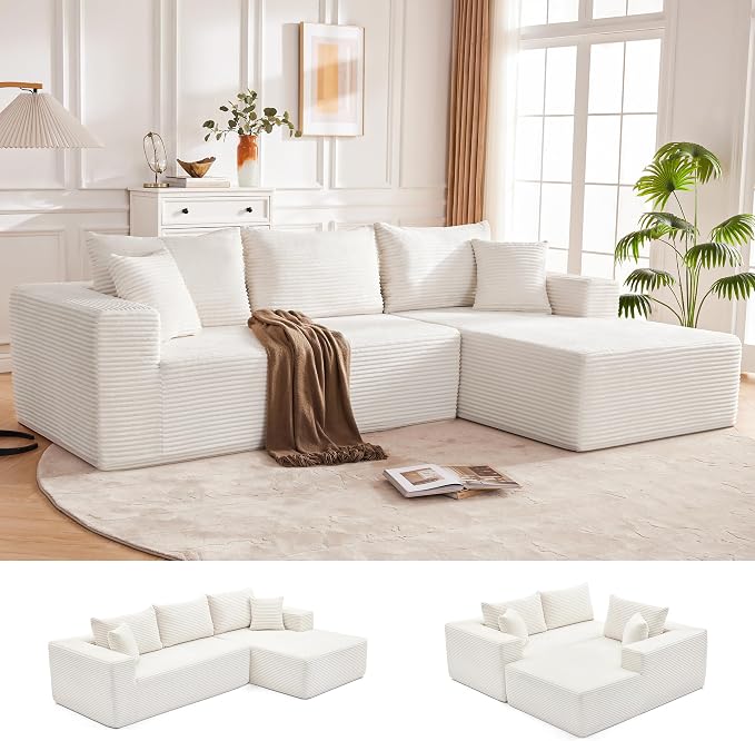 Mangodan 110” Cloud Sectional Couch, Boneless Sofa for Living Room, Modular Sectional Sofa with Deep Seat, Comfy Fluffy Couch with L-Shaped Chaise, No Assembly Required, Beige
