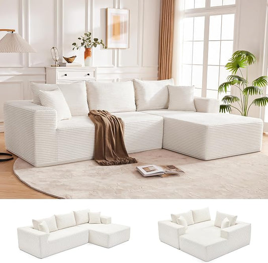 Mangodan 110” Cloud Sectional Couch, Boneless Sofa for Living Room, Modular Sectional Sofa with Deep Seat, Comfy Fluffy Couch with L-Shaped Chaise, No Assembly Required, Beige