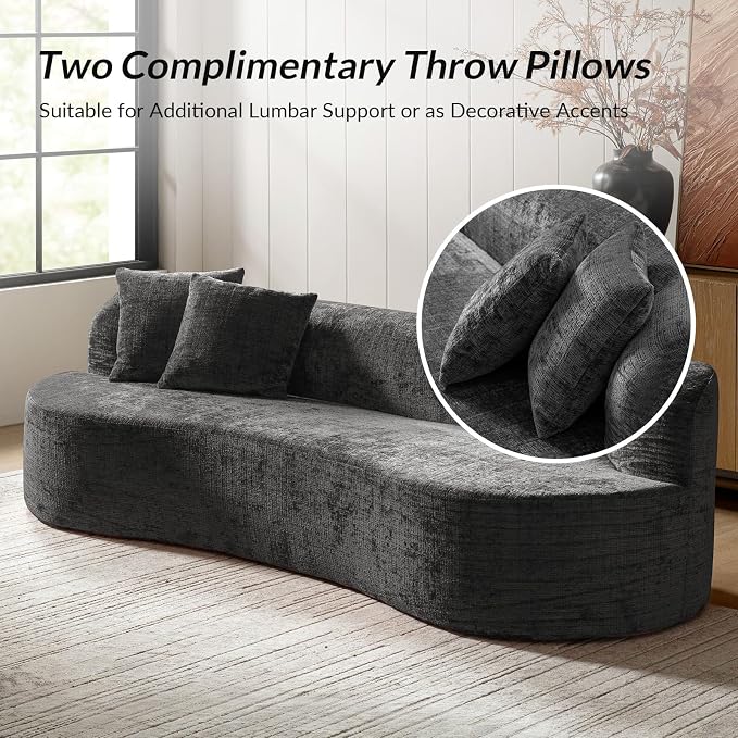 95" Modern Curved Compressed Sofa, All-Foam 3-Seater Cloud Couch with 2 Pillows, No Assembly Required Boneless Sofas for Living Room, Charcoal