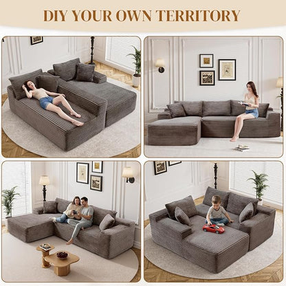95" L Shaped Boneless Sectional Couches, Wide Armrest, Deep Seat, Memory Foam, Assembly Free, Modern Comfy Corduroy Fluffy Cloud Sofa with Left Chaise for Living Room, Small Spaces, Brown