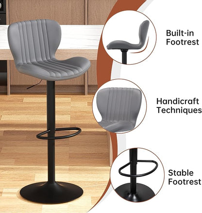 JAMFLY Bar Stools Set of 4, Leather Adjustable Barstools Counter Height with High Backrest, Island Chairs Set of 4 for Kitchen, Grey