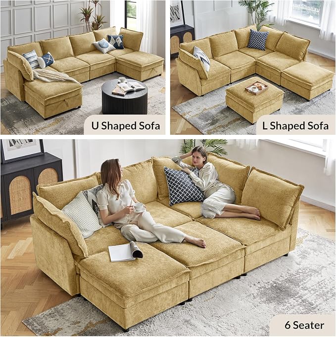 HULALA HOME 97'' Modular Sectional Sofa, L Shaped Couch with Storage Ottoman, Comfy Chenille Sofa with Deep Seat, 4 Seat Convertible Sectional Couches for Living Room, Cream