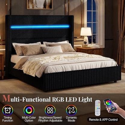 Jocisland Full Size Corduroy Upholstered Bed Frame with 4 Storage Drawers & 51.2" Tall Wingback Headboard, LED Platform Bed with Charging Station, Easy Assembly, No Box Spring Needed, Black