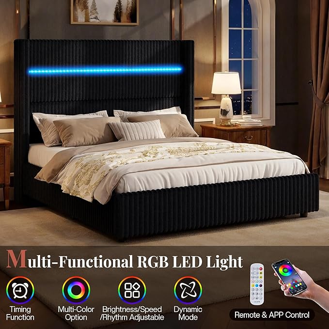 Jocisland Queen Size Corduroy Upholstered Bed Frame with 4 Storage Drawers & 51.2" Tall Wingback Headboard, LED Platform Bed with Charging Station, Easy Assembly, No Box Spring Needed, Black