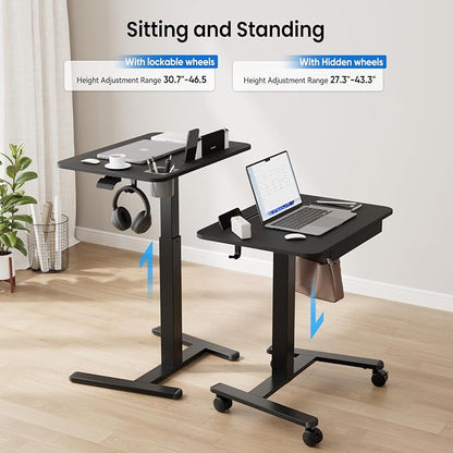 Monomi Mobile Standing Desk with Drawer, 28" Rolling Desk with Cup Holder and Hooks, Portable Laptop Cart on Wheels, Height Adjustable Workstation with Storage for Home Office, Black