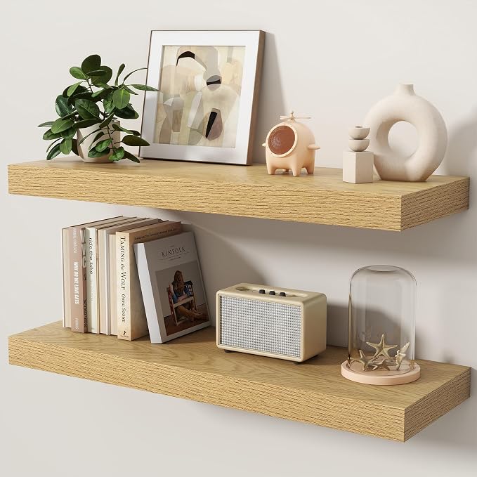 Floating Shelves for Wall, 32 Inch x 8 Inch Deep Wall Mounted Wood Shelf with Invisible Brackets for Storage & Display, Living Room Bedroom Kitchen, Oak, Set of 2