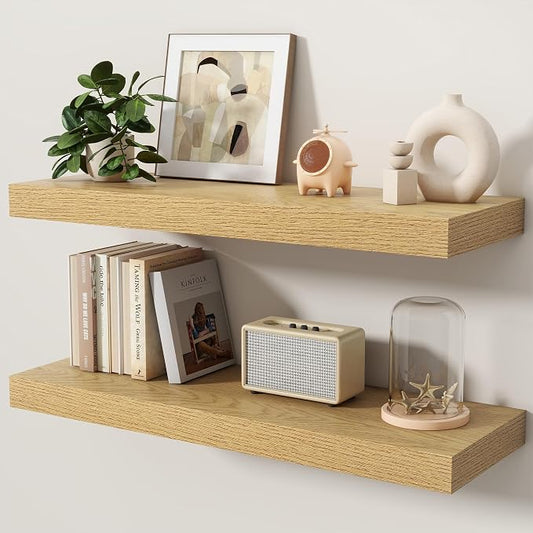 Floating Shelves for Wall, 32 Inch x 8 Inch Deep Wall Mounted Wood Shelf with Invisible Brackets for Storage & Display, Living Room Bedroom Kitchen, Oak, Set of 2