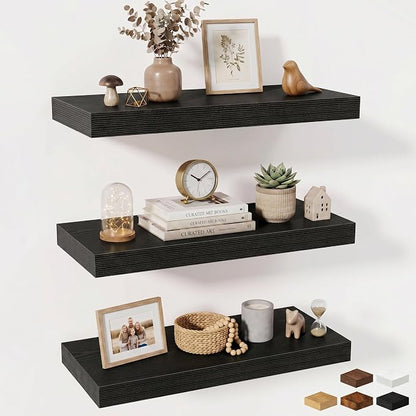 Fun Memories 24 Inch Floating Shelves Wall Mounted, 10 Inch Deep Wall Shelves, 24 x 10 Floating Shelf for Living Room Bathroom Bedroom, Black, Set of 3