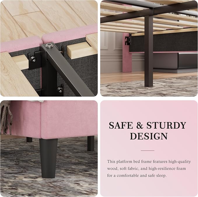 VECELO Full Size Bed Frame with Upholstered Headboard, Heavy-Duty Platform Bedframe with Strong Wooden Slats Support, No Boxing Spring Needed, Velvet & Pink