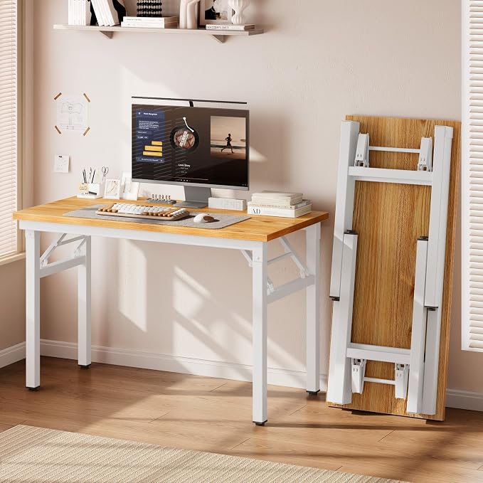 DlandHome Folding Desk for Small Spaces, 35.8IN Computer Desk Folding Table, Foldable Office Desk Computer Table Writing Workstation for Home Office, Study, Bedroom, No Assembly Required, Teak & White