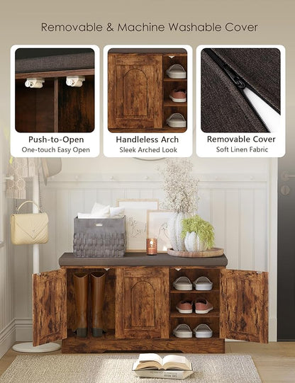DINZI LVJ Shoe Bench, Entryway Storage Bench with Doors, Cushion, 3-Tier Shoe Rack with 9-Cubby, 39.4" L x 13.8" W Shoe Organizer Cabinet, Fully Adjustable Shelves, Living Room, Bedroom, Rustic Brown