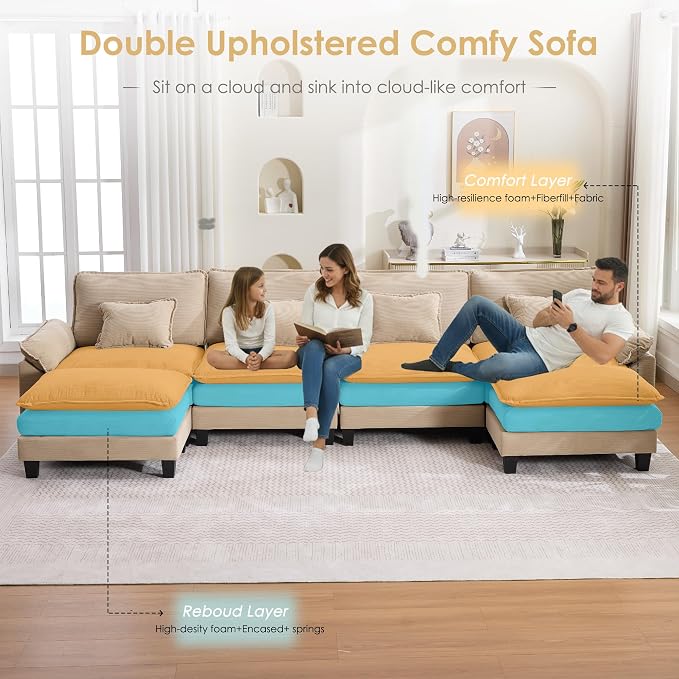 157" Corduroy Modular Sectional Sofa, Convertible U Shaped Modular Sofa Comfy Cloud Couch with Ottoman, Side Pockets and 4 Throw Pillows for Living Room, Kahki, 6 Seats