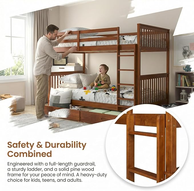 Merax Twin-Over-Twin Bunk Bed with Two Storage Drawers, Solid Wood Twin Size Bunk Bed with Guardrial and Removble Ladder, Can be Converted Into 2 Separate Beds, Walnut