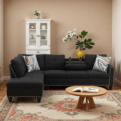 L-Shaped Sectional Sofa, Modern 4-Seat Couch with Built-in Cup Holders, Upholstered Fabric Sectional Couch with Left Facing Chaise for Living Room, Apartment, Office, Black Gray