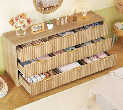 TEENFON 63" Dresser for Bedroom with 9 Drawers, Modern Dressers & Chest of Drawers with Metal Handles, Fluted Dresser, Wood Closet Clothes Storage Organizer for Living Room, Hallway, Natural