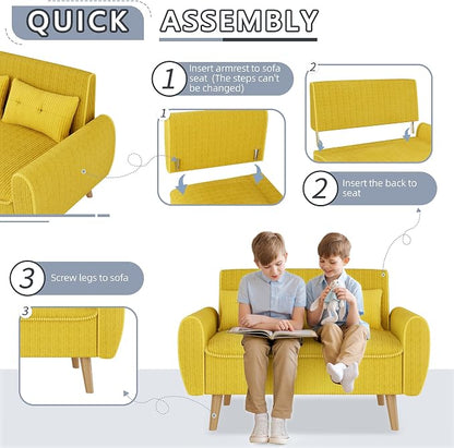 Shintenchi 48'' Loveseat Sofa, Mid-Century Modern Upholstered Couch Deep Seat with 2 Pillows, 10" Thick Cushion with Spring, Solid Wood Frame Small Couch for Living Room, Dorms & Office, Yellow