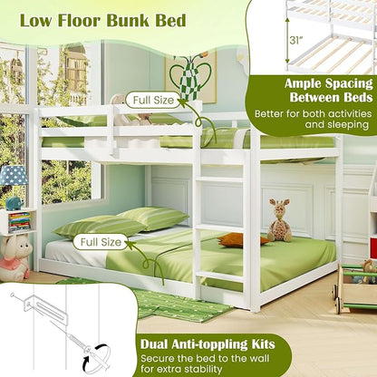 Giantex Full Over Full Bunk Bed, Solid Wood Kids Bunk Bed with Full-Length Guardrails, Integrated Ladder & Anti-Tippling Kits, Low Bunk Beds with Slats Support for Kids, Teens, White